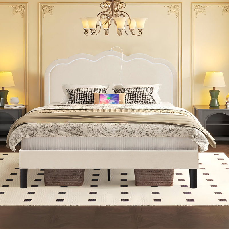 Full Size Bed Frame with LED Light and Charging Station, Platform Bed with Upholstered Headboard, No Box Spring Needed, Beige