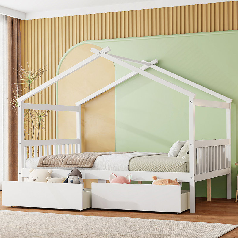 Lit en bois avec tiroirs, Blanc, Complète