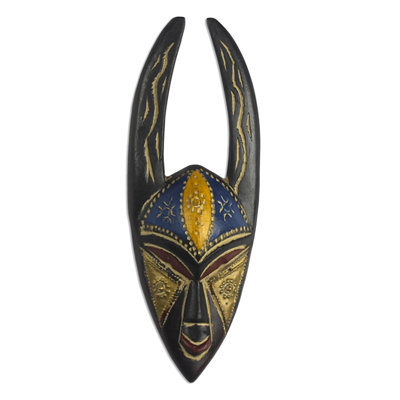 Décoration murale masque Sanufu cornes et bois africain et laiton