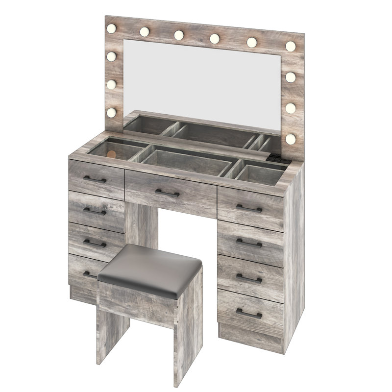 Grand ensemble de coiffeuse avec lumières, USB et prise de courant, 9 tiroirs, Gris