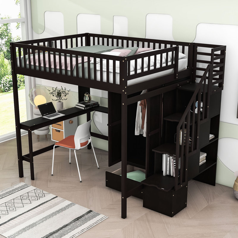 Idalina 1 Drawer Wood Loft Bed with Built-in-Desk, Shelves and Wardrobe, Espresso, Full