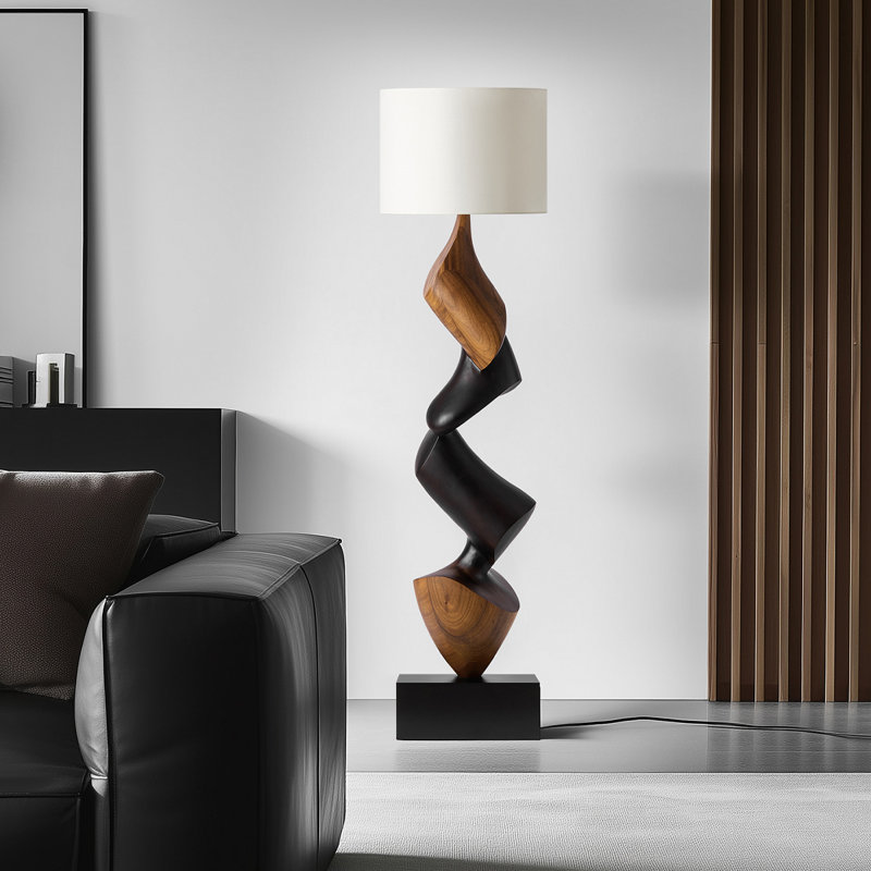 White + Brown + Black Linen + Solid Wood Free form Floor Lamps