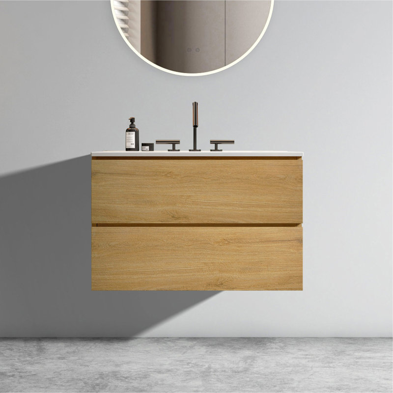 Meuble-lavabo mural de 30 po avec lavabo en céramique et trois trous de robinet, offrant une élégance intemporelle et une fonctionnalité améliorée.
