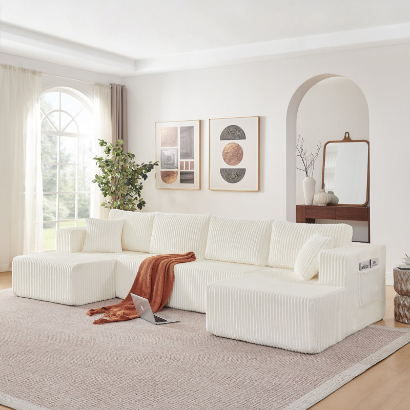 Canapé modulaire en forme de U de 132 po, canapé-lit Comfy Comprimé avec poches latérales, canapé-lit en mousse à mémoire de forme minimaliste moderne en velours côtelé pour le salon, aucun assemblage requis, beige