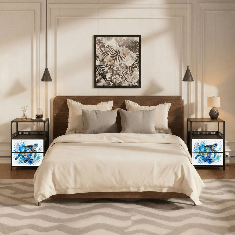 Table de chevet 2 tiroirs en tissu avec station de charge Ocean Home Decor Blue Turtle Sea Coastal