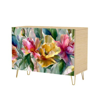Sideboard Buffet Cabinet with Storage Surreal Hand Painted Flower Decor Panel with 2 Doors for Living Room and Kitchen