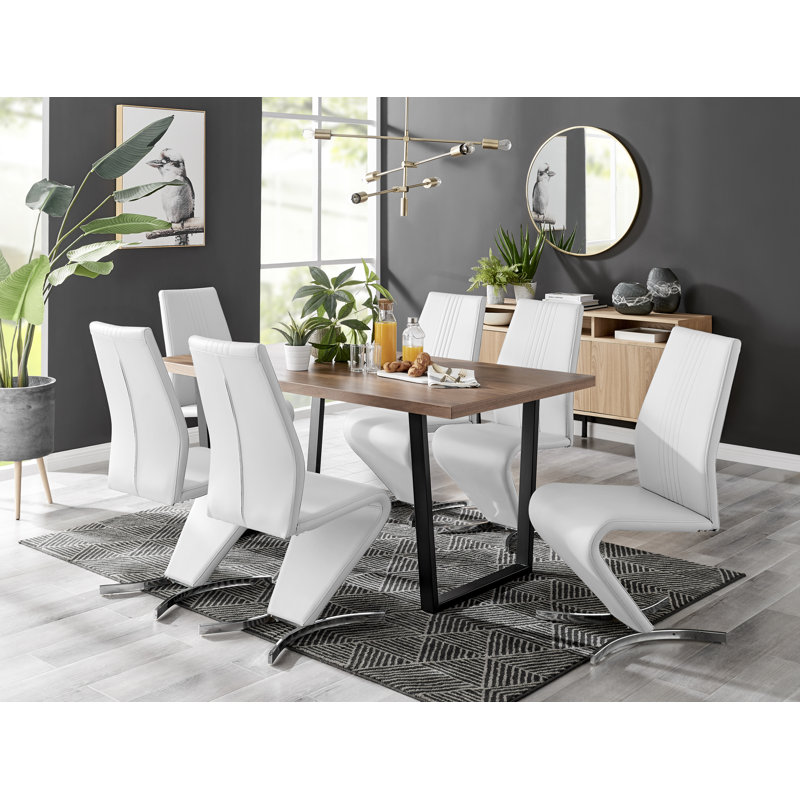 Kylooe Modern Brown Wood And Black Metal Dining Table Set With 6 Modern Design Faux Leather Chairs, White