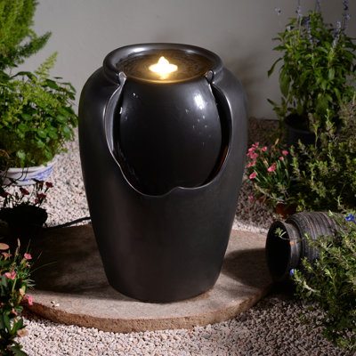 Black Ceramic Ripple Top Fountain, Decorative Water Fountain with LED Lights and Quiet Pump, Indoor Outdoor Water Feature for Patio, Garden, Deck, Balcony, Office and Home Décor, Relaxing Cascading Water Design