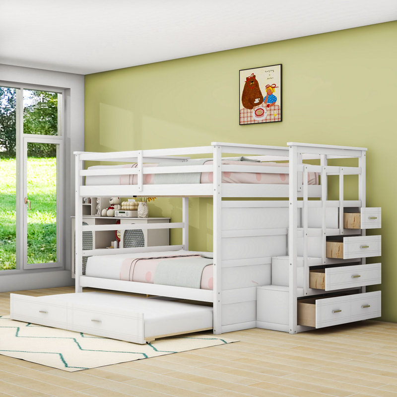 Bunk Bed With Storage Drawers And Twin Trundle, Full Over Full, White