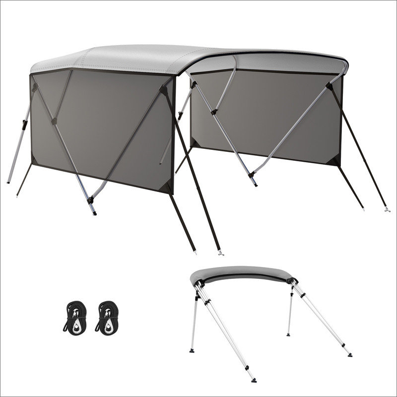 Adjustable Rear Support Poles 3 Bow Bimini Top with Mesh Sidewalls for Boats - Waterproof Marine Grade Fabric, Easy Installation Kit, Space-Saving Design