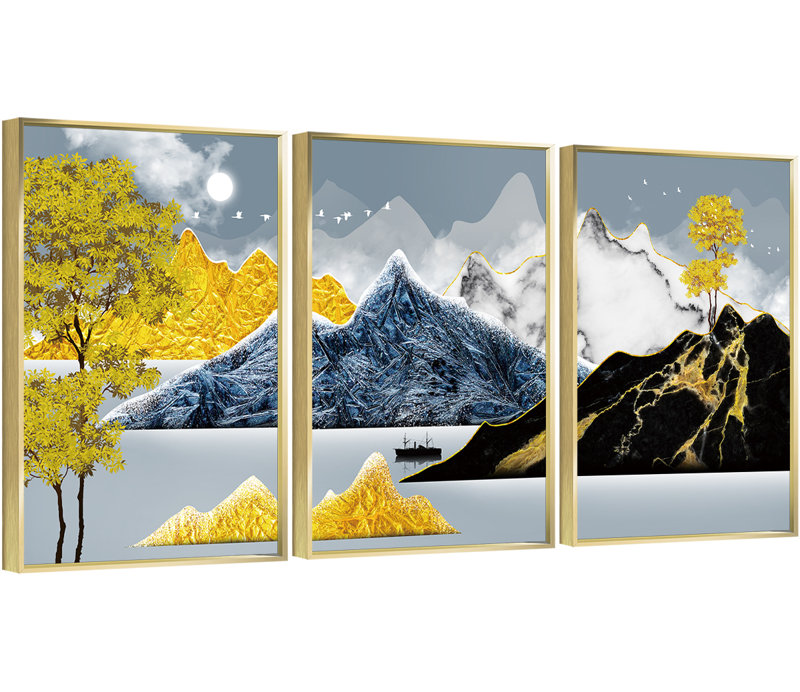 Luxueux aluminium encadré, ensemble de 3 reproductions d'art encadrées sur toile 5, H 36,3 po x l 16,3 po x P 1,65 po, Or