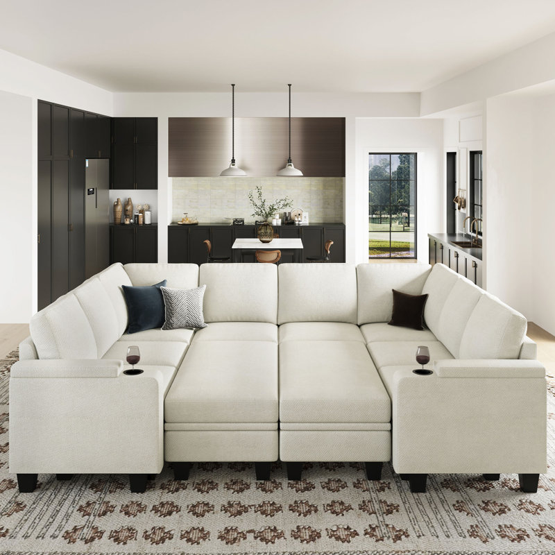 Canapé-lit modulaire en chenille avec rangement Anjanette, Chenille beige