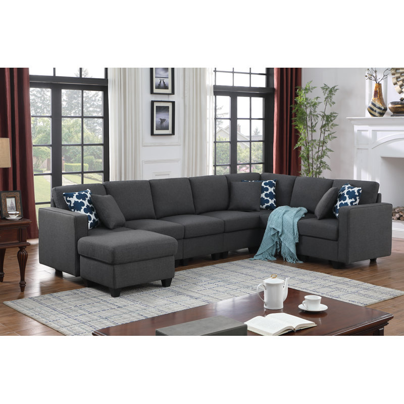 Frank Reversible Modular Sectional Sofa with Ottoman, Black Linen