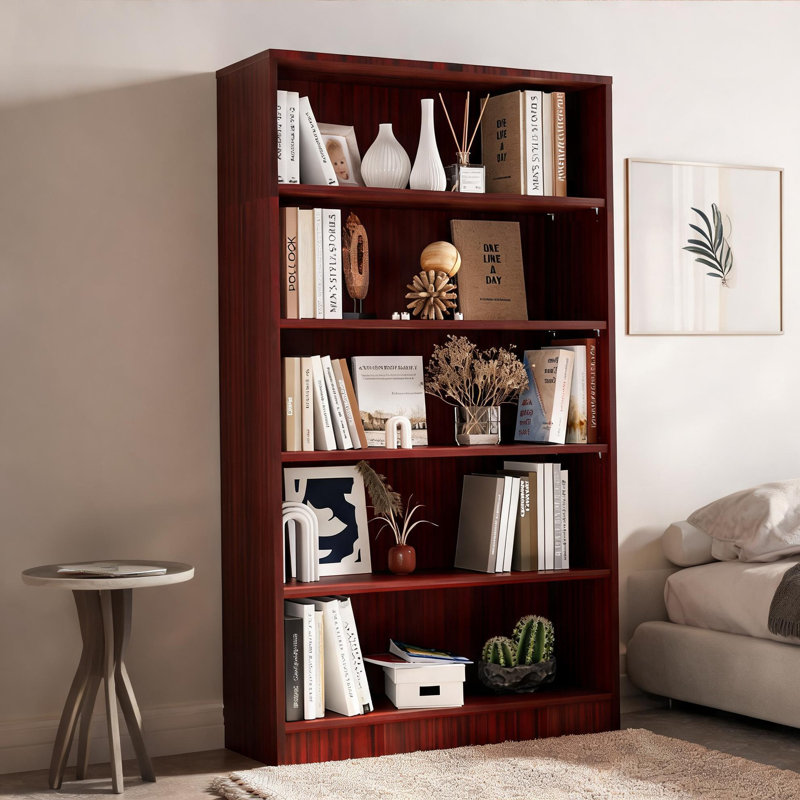 Bibliothèque en MDF cerise de 60 po de hauteur avec tablettes de rangement réglables, unité de rangement autoportante pour la chambre à coucher