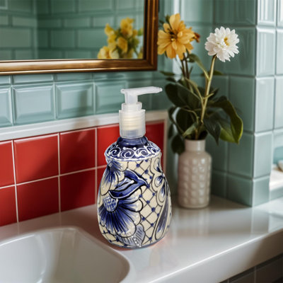 Puebla Liquid Soap Dispenser. Cream And Blue Color 