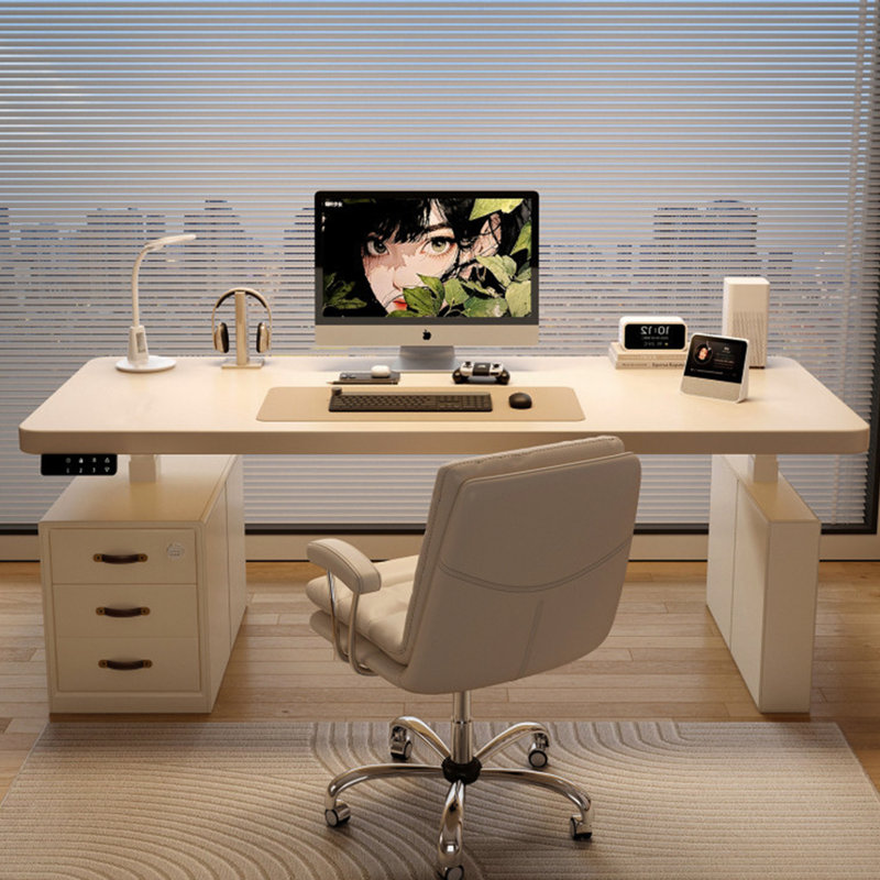 Bureau électrique à hauteur réglable en cuir à deux moteurs Modern Luxury (avec armoire à tiroirs) - 3 options de bureau disponibles