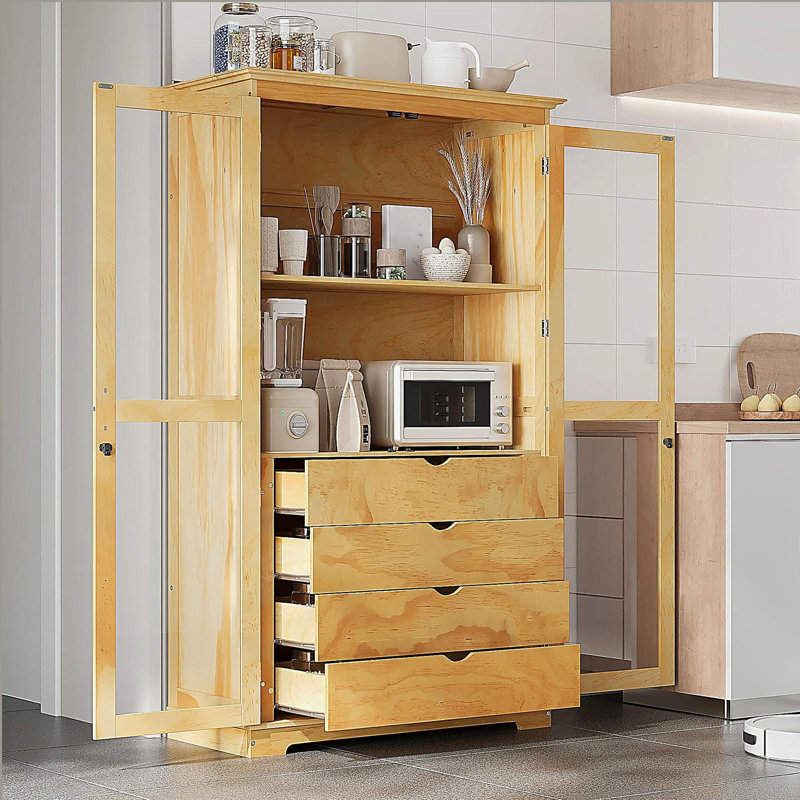 Armoire de rangement autoportante pour garde-manger avec portes en verre et 4 tiroirs intégrés, Natural