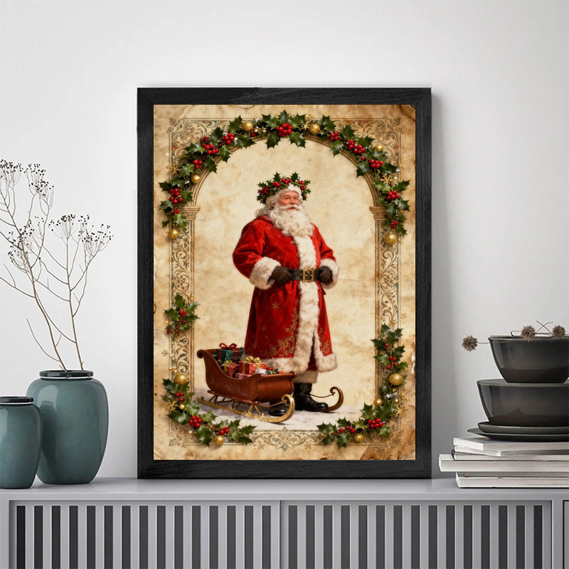 Art mural rétro noir de Noël avec père Noël - décorations festives classiques encadrées, H 17 po x l 13 po