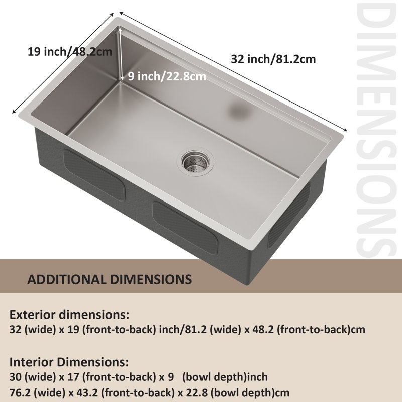 32 x 19 Inch Workstation Ledge Handmade Undermount Kitchen Sink SUS304 Stainless Steel 16 Gauge