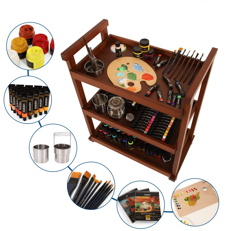 Solid Beech Wood Rolling Utility Cart with Caster Wheels