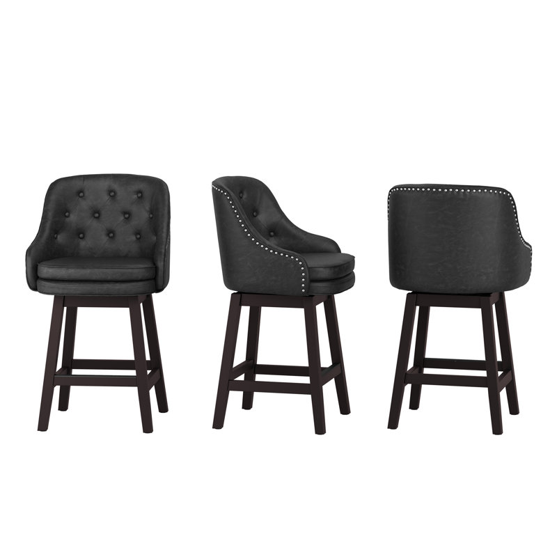 Tabouret de bar rembourré Chela Vigo, Siège en similicuir noir tacheté / base espresso, 3