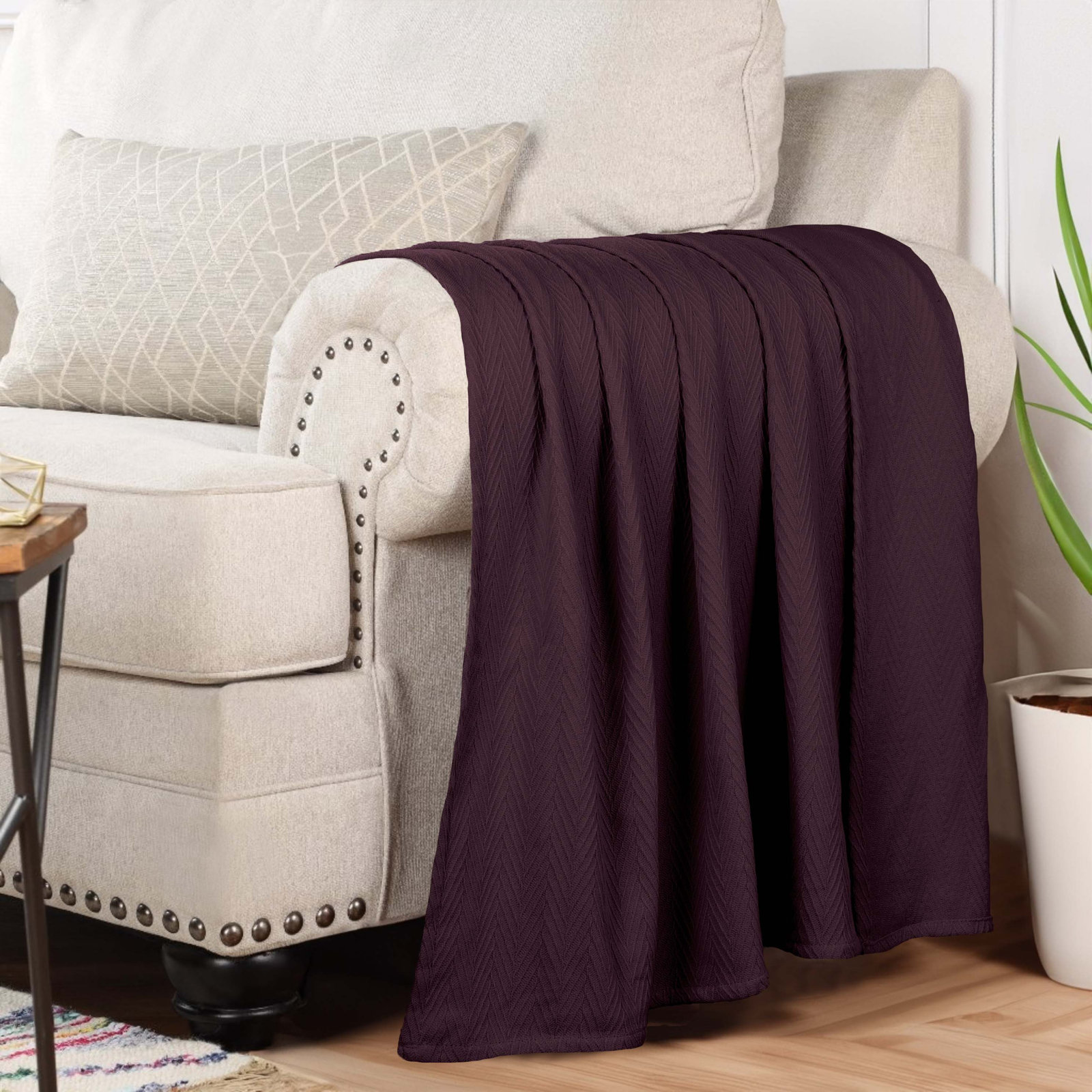 Jareth Woven Metro Zig-Zag All-Season Cotton Blanket, Plum, California King