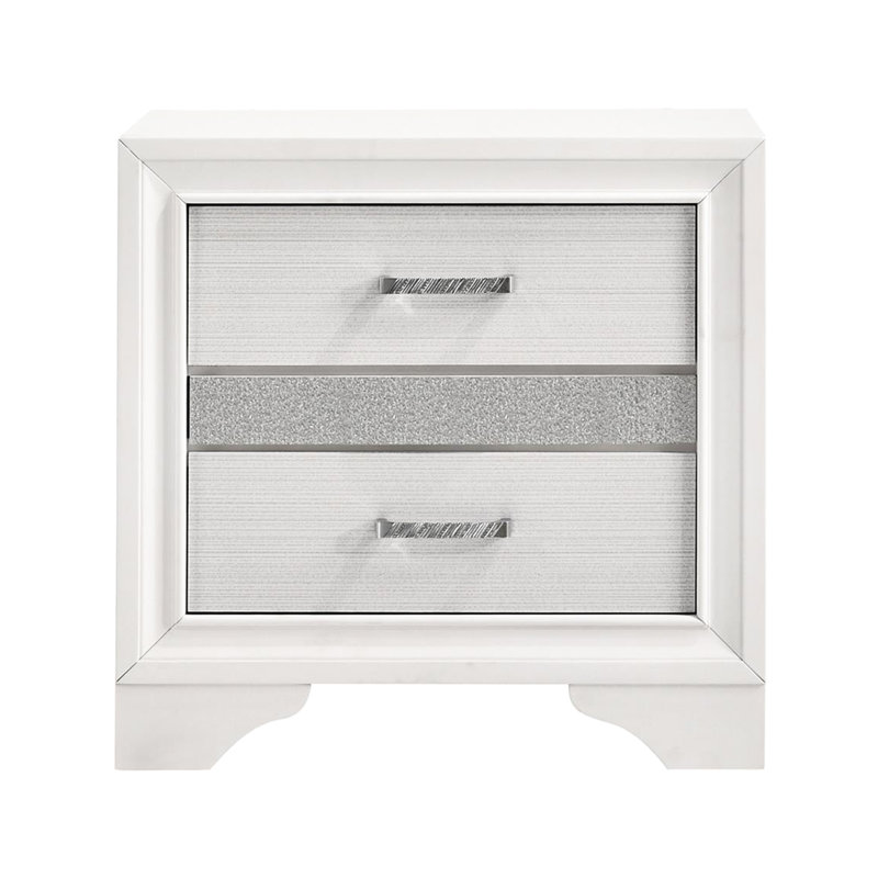 Table de chevet 2 tiroirs en blanc pour le décor de la chambre à coucher - Poignées en strass, décorations scintillantes et poignées chic, rayures