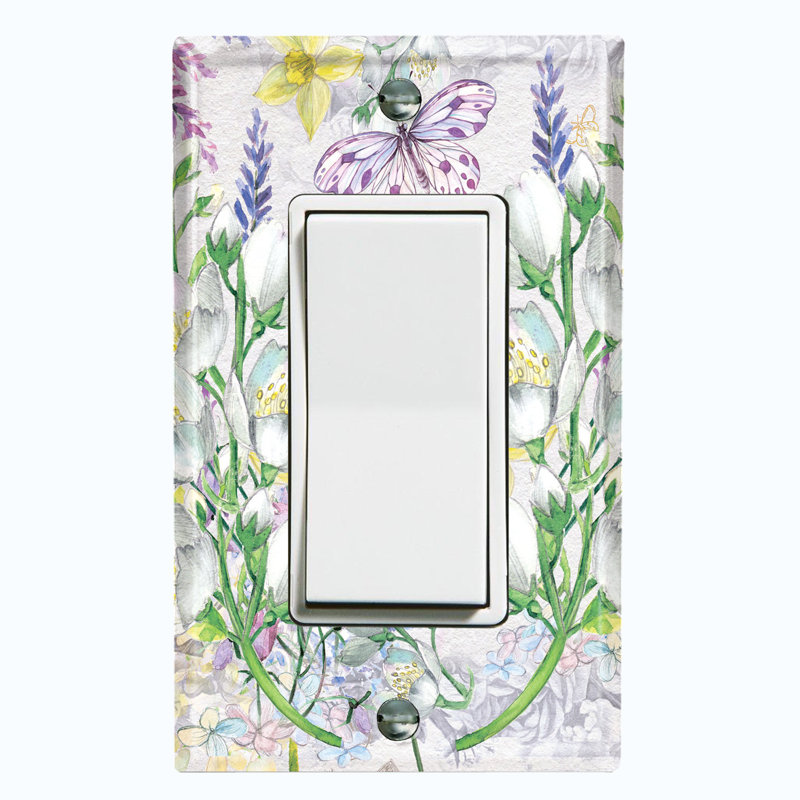 Plaque murale à bascule papillon blanc avec lys mauve et fleurs blanches