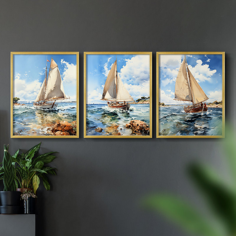 Série Sea and Shore LXIX - Ensemble de 3 estampes numériques encadrées - Prêt à être accroché, Doré, H 28 po x l 22 po