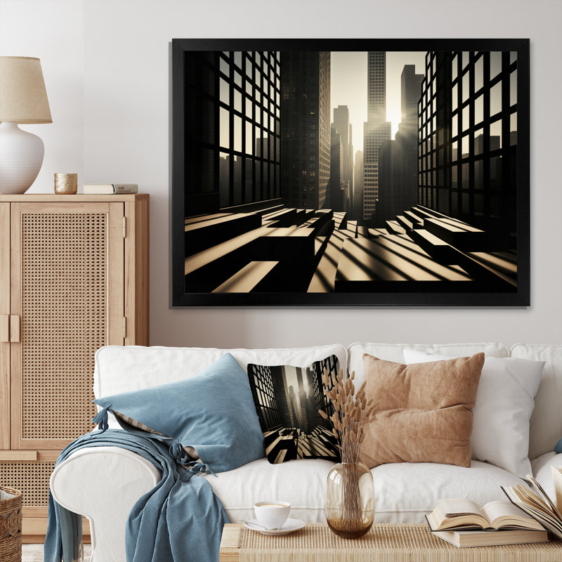 «Skyscrapers Architectural Shadows» sur toile, Cadre simple noir, H 34 po x l 44 po x P 1,5 po