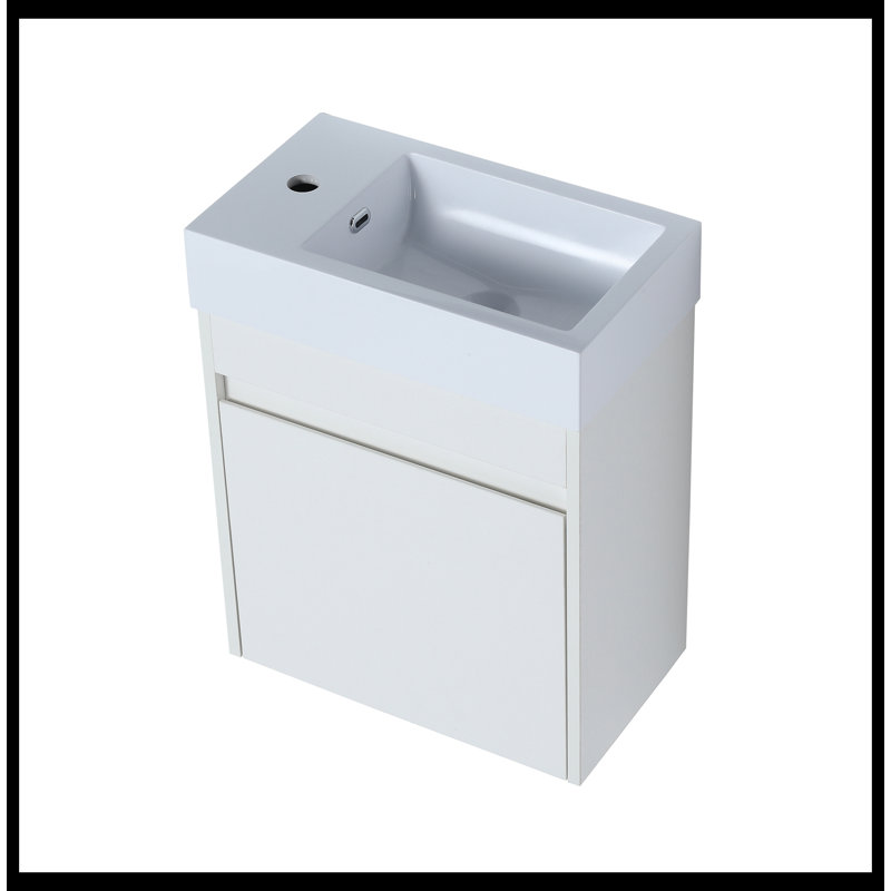 Meuble-lavabo mural 18 po avec lavabo en résine blanche et porte d'armoire à fermeture en douceur 18 po, Grain droit blanc