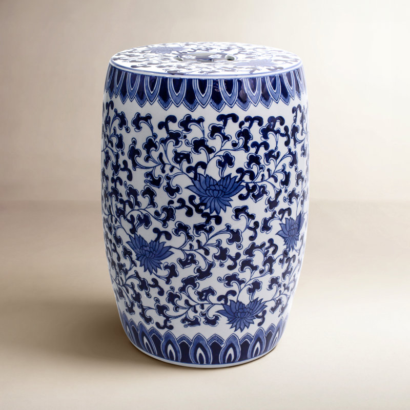 Tabouret de jardin en céramique bleu et blanc Lotus