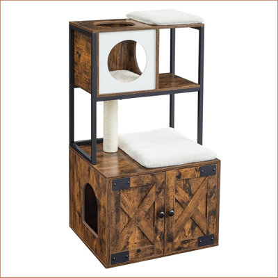 Enceinte de litière 2 en 1 avec arbre à chat, armoire à litière d'angle pour chat avec armoire à chat en bois avec condo, hamac en peluche, poteau à griffes et balle de jeu