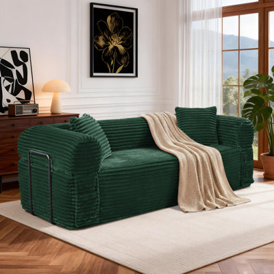 83 inch Cloud Boneless Couch for Living Room 3-Seater Sofa with Fixed-Shape Frame, Single Sleeper Corduroy Sofa in A Box, No Assembly Required, Green