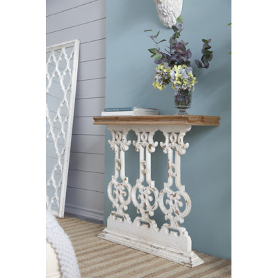 Console 32 po x 12 po x 32 po Classic Vintage White Wash avec plateau en bois brun