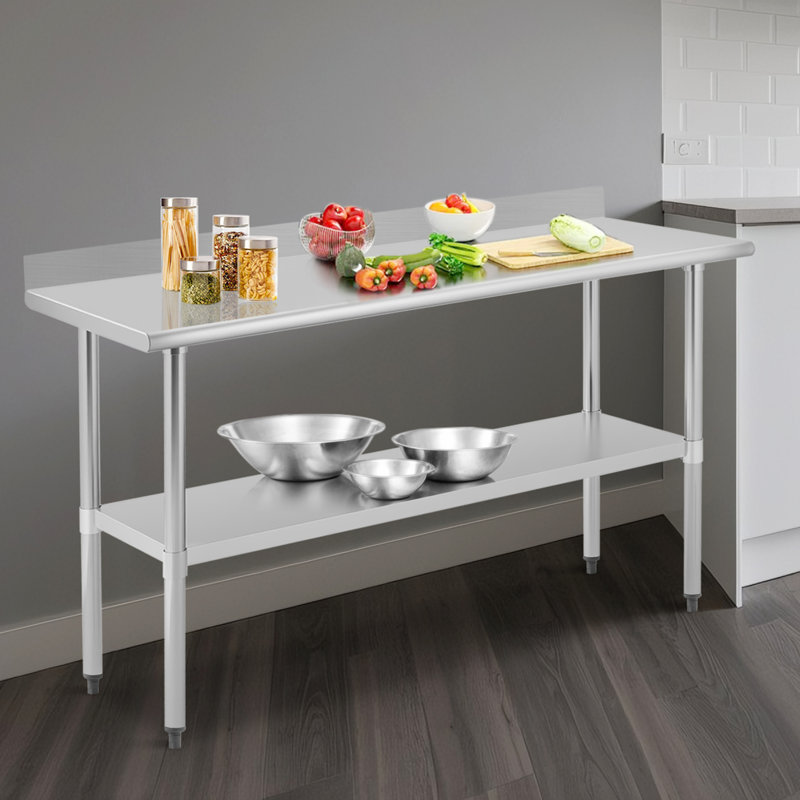 Table de travail robuste en acier inoxydable avec dosseret - Établi commercial à 2 niveaux certifié NSF - Tablette réglable - Facile à nettoyer - Pour le restaurant, l'hôtel, le garage, P 24 po x l 60 po x H 36 po
