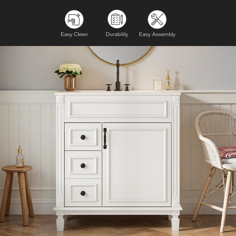 Meuble-lavabo de 30 po avec lavabo en céramique, petite armoire de salle de bain, armoire moderne avec 2 tiroirs et tablette réglable