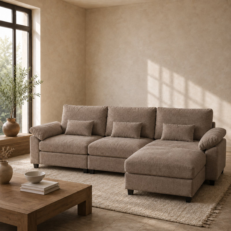 Canapé d'angle trois places en chenille avec méridienne, idéal pour toute la famille et parfait pour le salon., Brun