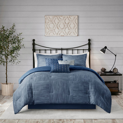 Ensemble d'édredon imprimé 7 pièces en seersucker bleu marine