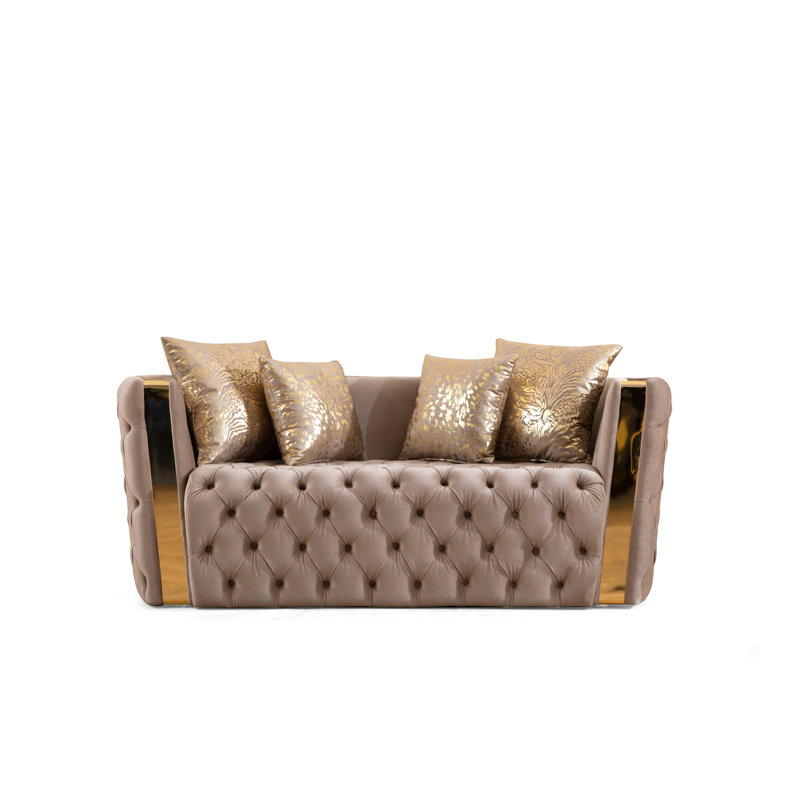 Causeuse capitonnée à boutons avec tissu velours et détails dorés, Taupe