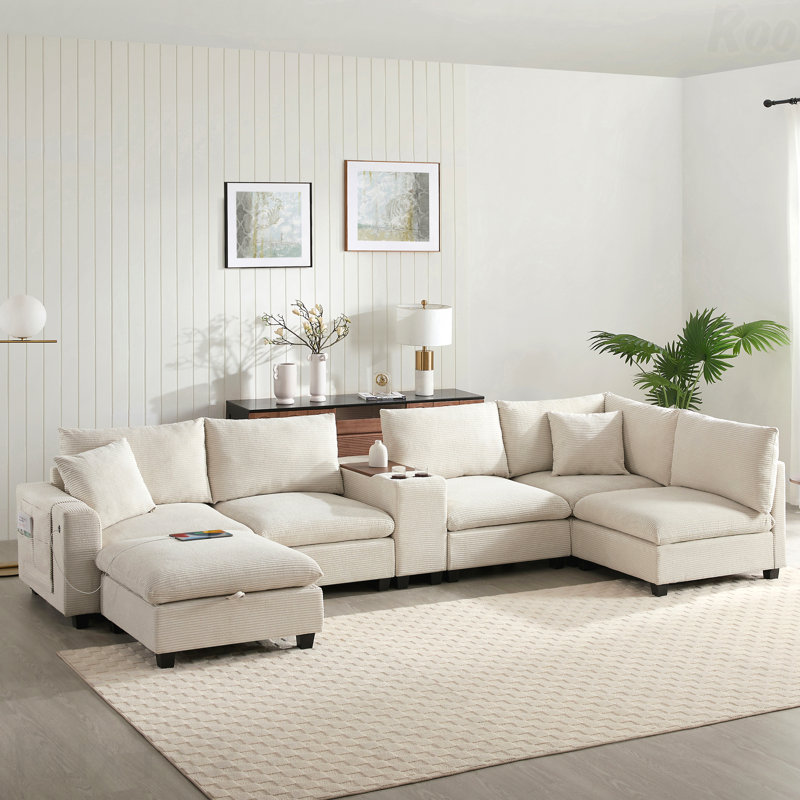 Canapé modulaire surdimensionné en U de 140 po en velours côtelé de 140 po - 6 places, repose-pieds de rangement mobile, console, porte-gobelet, chargeur USB, poches latérales, siège large