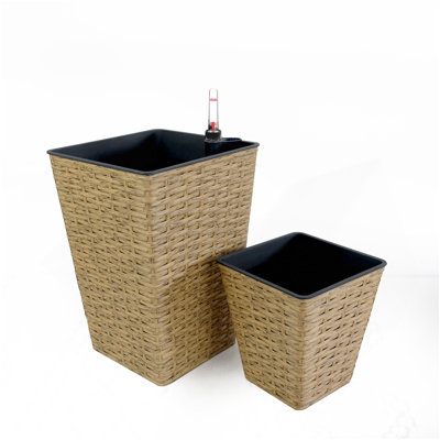 Ensemble de 2 jardinières carrées à arrosage automatique pour l'intérieur et l'extérieur - Osier tissé à la main - Brun