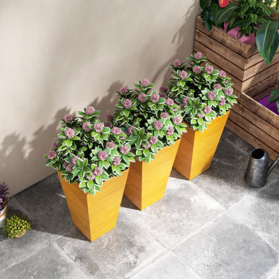 28" Tall Outdoor Planters Of 3, Large Tapered Polypropylene Planters. With Drainage Holes And Plug. For Patio, Indoor, Garden, Dark Tan 3 Planters, Faux Wood Plastic Flower Pots. Holes,