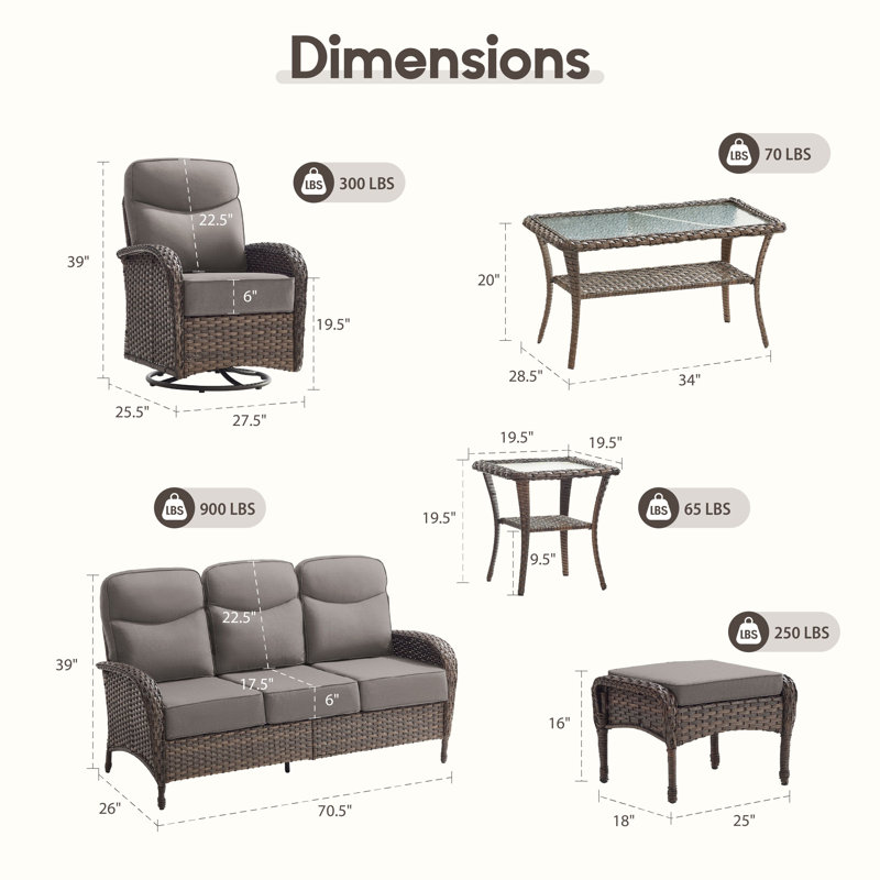 Ensemble de 7 chaises de jardin 7 pièces avec chaises pivotantes et tables, Gris, Brun