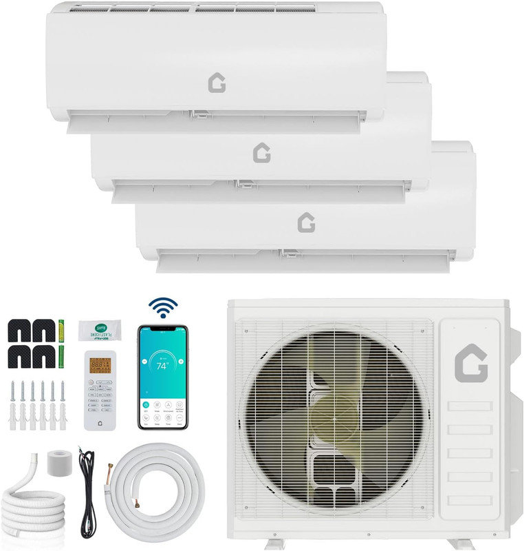 Mini système de chauffage / climatisation à 3 zones 35 000 BTU, unités intérieures 9 000 + 9 000 + 12 000 BTU, 19 SEER2 Wi-Fi activé, 208-230 V, ligne de cuivre de 16 pi et ensemble complet pour une couverture de 1500 pieds carrés
