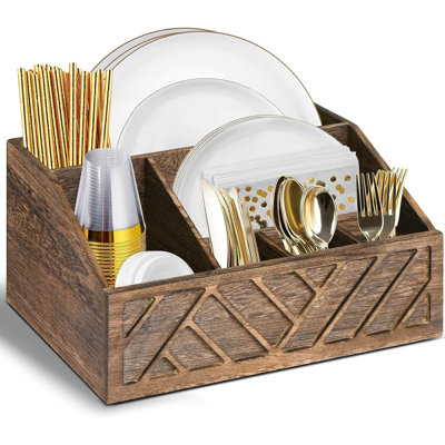 Distributeur d'assiettes en papier, support d'assiettes en papier pour comptoir de cuisine, porte-ustensiles en argent rustique en bois, boîte à couverts pour couverts