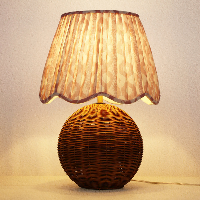 Rattan Table Lamp with Pleated Fabric Shade, Pink