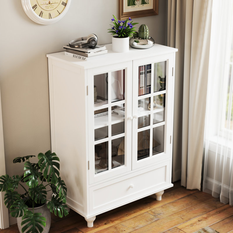 Buffet de salon moderne avec portes doubles en verre et tiroir - Buffet minimaliste en bois blanc pour la salle à manger, le couloir et le vestibule