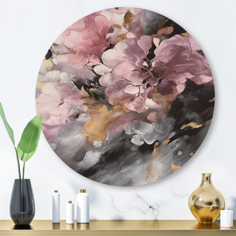 Fleurs d'hortensia rose - hortensia, art mural rond sur métal, H 36 po x l 36 po x P 1 po