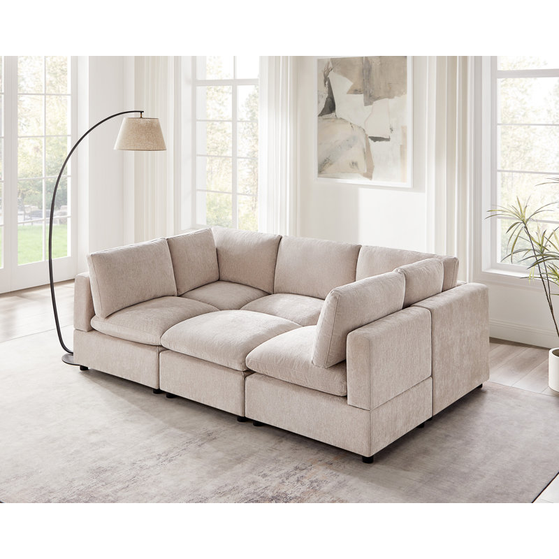 6-Piece Upholstered Symmetrical Sectional, Modular Sofa, Natural Polyester